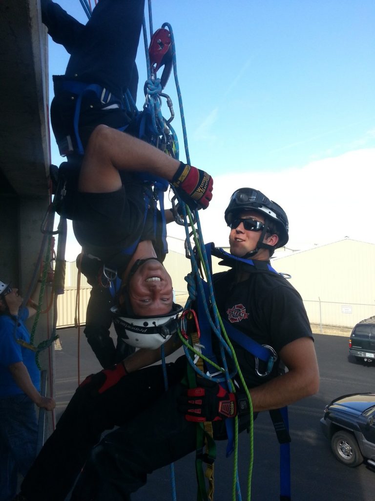 View this tower rescue technical rope rescue training image in Crux Rescue's training gallery to see what they do while providing certified technical rescue training courses for NFPA Rope Rescue Technician and Swiftwater Rescue Technician certification.