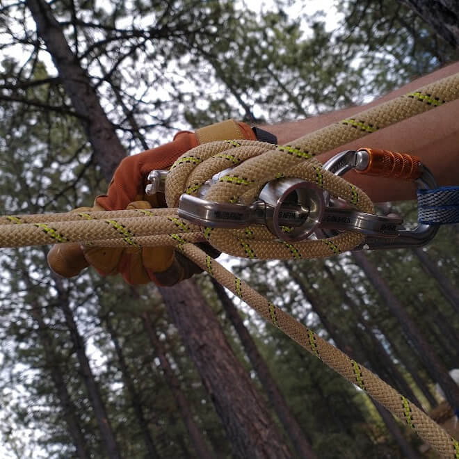 This image of a rope rigging system presents Crux Rescue's provision of certified training courses for Rope Rescue Technician RRT certification with class instruction in rigging systems and more.